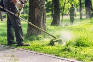 Worker mowing tall grass 