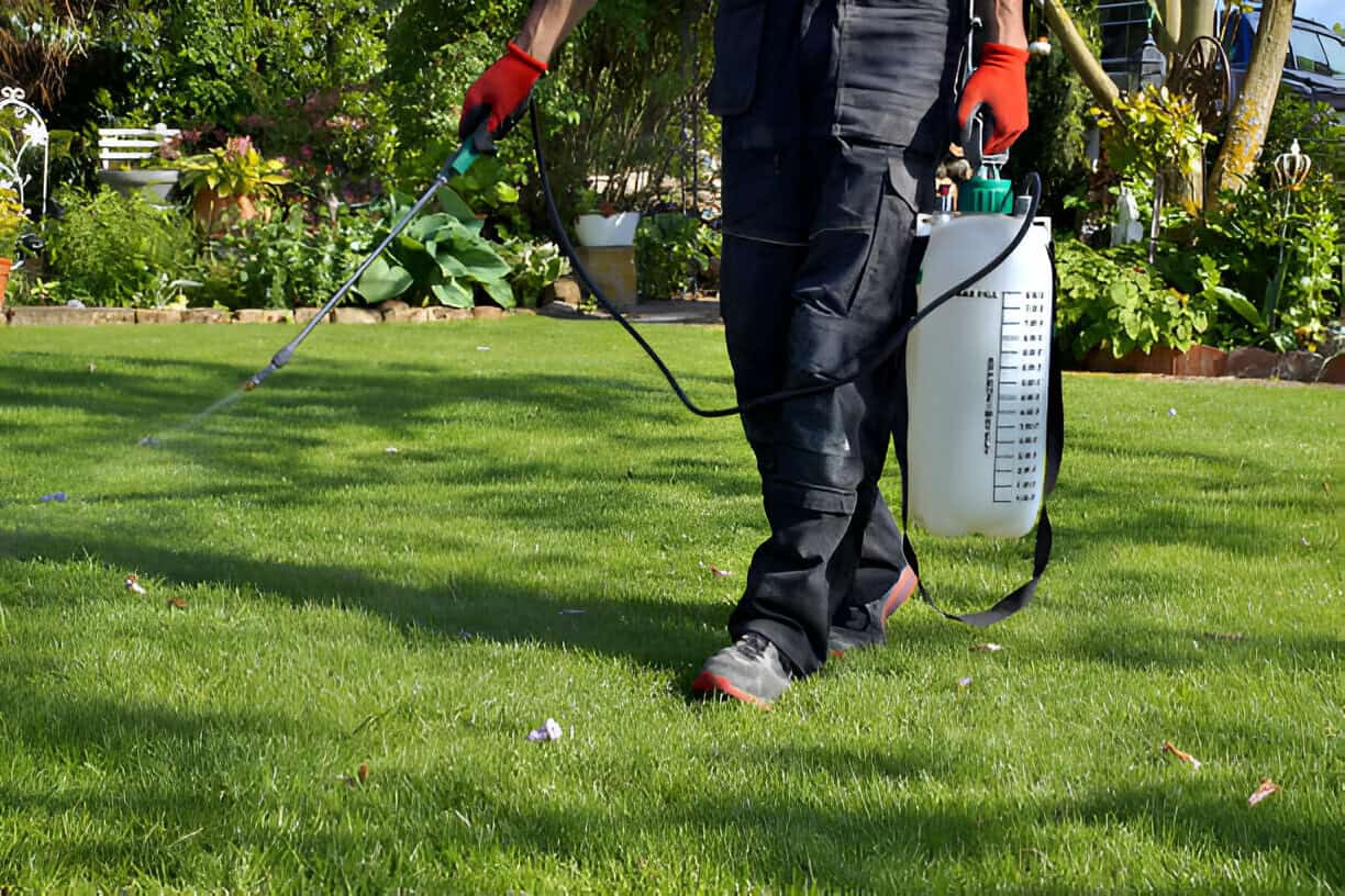 Spraying pesticide on Lawn